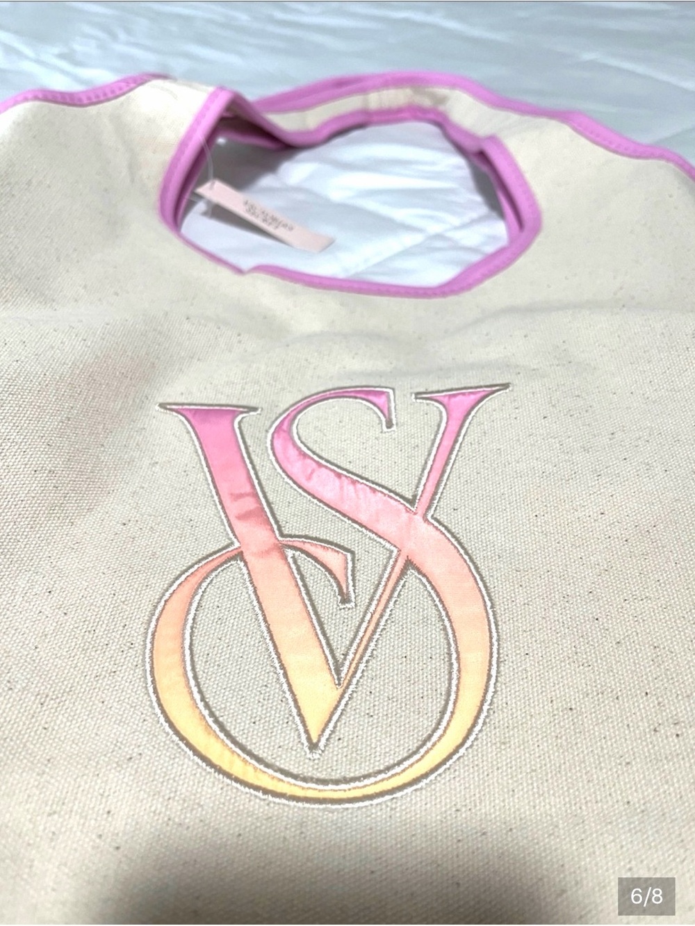 NWT Victoria's Secret Cream Canvas Tote with Pink Trim - Picture 2 of 8